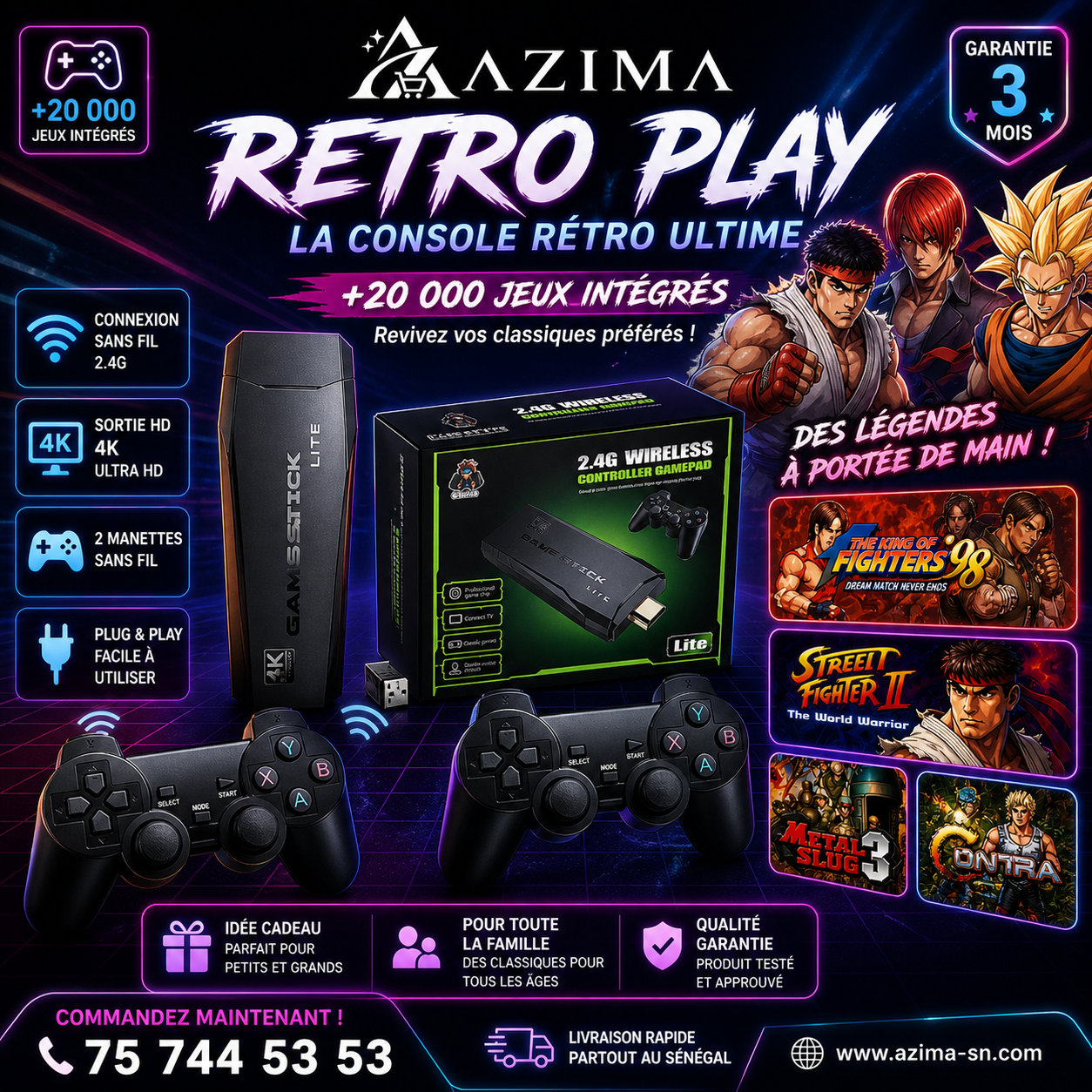 🎮 Azima  retro play – Revivez 2000 Jeux Légendaires+2 manette sans fil offert